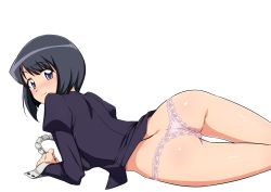 Rule 34 | 1girl, absurdres, ass, black hair, blue eyes, haruhisky, unworn headwear, highres, lace, lace-trimmed panties, lace trim, long sleeves, lying, maid headdress, on side, panties, puffy sleeves, see-through, shiny skin, short hair, siesta (zero no tsukaima), smile, solo, transparent background, uncensored, underwear, white background, wrist cuffs, zero no tsukaima