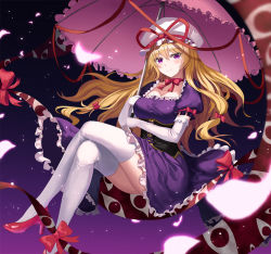 Rule 34 | 1girl, black corset, blonde hair, blush, bow, breasts, choker, cleavage, closed mouth, collarbone, commentary, corset, dress, elbow gloves, eyelashes, frilled dress, frilled sleeves, frills, full body, gap (touhou), gloves, gradient background, hair ribbon, hat, hat ribbon, high heels, holding, holding umbrella, invisible chair, large breasts, long hair, looking at viewer, mob cap, mookyuu9, parasol, petals, puffy short sleeves, puffy sleeves, purple background, purple dress, purple eyes, red bow, red choker, red footwear, red ribbon, ribbon, ribbon choker, short sleeves, sitting, smile, solo, thighhighs, thighs, touhou, tress ribbon, umbrella, white gloves, white hat, white thighhighs, yakumo yukari