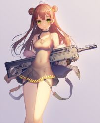 Rule 34 | 1girl, ahoge, bad id, bad pixiv id, black dress, blush, bow, breasts, brown hair, bullpup, closed mouth, double bun, dress, girls&#039; frontline, green bow, green eyes, gun, hair bow, hair bun, holding, holding gun, holding weapon, kel-tec rfb, long hair, looking at viewer, medium breasts, no.aei, rfb (girls&#039; frontline), rifle, semi-automatic firearm, semi-automatic rifle, short dress, sidelocks, smile, solo, suspenders, thighs, twitter username, weapon, zipper