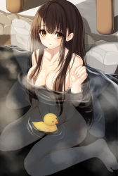 Rule 34 | 1girl, 7saki, bad id, bad pixiv id, barefoot, black hair, blush, commentary request, commission, convenient censoring, fairy, fairy wings, hair censor, highres, long hair, looking at viewer, nude, onsen, partially submerged, rubber duck, sitting, skeb commission, solo, star sapphire, touhou, wariza, water, wings, yellow eyes