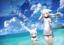 Rule 34 | 2girls, animal ears, blue sky, blush, cloud, collar, commentary request, day, dress, izumi sai, long hair, looking at viewer, multiple girls, ocean, off shoulder, open mouth, original, outdoors, partially submerged, red eyes, scenery, short hair, sky, standing, tail, wading, water, wet, white dress, white hair, wind