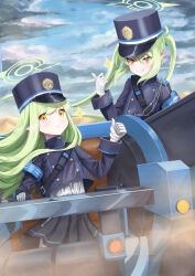 2girls absurdres bad_tag bag blue_archive blue_jacket blue_skirt blush buttons commentary cropped_jacket curly_hair day double-breasted earrings gloves green_hair green_halo grin hair_between_eyes halo hand_up hat highres hikari_(blue_archive) jacket jewelry legend_of_heros long_hair long_sleeves looking_at_viewer miniskirt multiple_girls nozomi_(blue_archive) outdoors pleated_skirt shirt shoulder_bag siblings sisters skirt smile sparkle thumbs_up twins twintails very_long_hair white_gloves white_shirt yellow_eyes