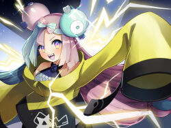 Rule 34 | 1girl, :d, arm up, character hair ornament, commentary request, creatures (company), electricity, game freak, green hair, grey shirt, hair ornament, highres, iono (pokemon), jacket, long hair, nintendo, nito (ninjin), open mouth, pokemon, pokemon sv, purple eyes, sharp teeth, shirt, sleeveless, sleeveless shirt, sleeves past fingers, sleeves past wrists, smile, solo, star (symbol), star print, teeth, tongue, upper teeth only, yellow jacket