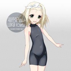 Rule 34 | 1girl, artist name, black bodysuit, black one-piece swimsuit, black wetsuit, blonde hair, blush, bodysuit, bow, character name, checkered background, collarbone, commentary request, covered navel, cowboy shot, diving suit, fang, flat chest, gradient background, green eyes, hair bow, hair ornament, hairband, inaba shiki, kantai collection, looking at viewer, luigi torelli (kancolle), one-hour drawing challenge, one-piece swimsuit, open mouth, short hair, simple background, single hair intake, sleeveless, solo, standing, swimsuit, turtleneck, wavy mouth, wetsuit, white hairband