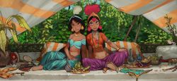 Rule 34 | 2girls, aladdin (disney), black hair, book, bracelet, breasts, brown eyes, cleavage, closed mouth, copyright request, crop top, earrings, fingernails, freckles, grey nails, harem pants, heart, heart earrings, highres, jasmine (disney), jewelry, long hair, looking at viewer, midriff, mossacannibalis, multiple girls, nail polish, navel, necklace, oil lamp, pants, pearl necklace, plant, plate, pointy footwear, potted plant, princess yumyum, purple eyes, sanpaku, shoes, sitting, smile, the thief and the cobbler, yokozuwari