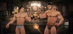 Rule 34 | 2boys, abs, alca (wakatanka4), animal, animal ears, bar (place), bara, beard, black male underwear, briefs, bulge, creatures (company), cup, doll, facial hair, game freak, gen 1 pokemon, glasses, grey male underwear, gyee, highres, holding, holding cup, large pectorals, lion boy, lion ears, lion tail, looking at another, male focus, male underwear, multiple boys, muscular, muscular male, navel, nintendo, nipples, original, pectorals, peterhl, pikachu, pokemon, pokemon (creature), short hair, smile, tail, teeth, tiger, undercut, underwear