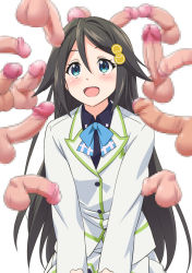 Rule 34 | 10s, 1girl, :d, black hair, blue eyes, blush, censored, commentary request, disembodied penis, foreskin, hair ornament, izumi reina, long hair, mosaic censoring, multiple boys, multiple penises, musaigen no phantom world, open mouth, penis, penis awe, school uniform, smile, solo focus, surrounded by penises, testicles, too many, very long hair, youkan
