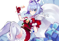Rule 34 | 1girl, ;), amano hagoromo, bag, bell, belt, blue eyes, blue hair, blurry, blurry foreground, blush, bow, bowtie, box, breasts, brown belt, chisel, closed mouth, commentary request, depth of field, eyebrows hidden by hair, feet out of frame, fur trim, gift, gift box, gloves, green bow, hair between eyes, hair intakes, hair rings, highres, holding, holding bag, holding stick, kaku seiga, knees up, looking at viewer, medium breasts, one eye closed, pinky out, puffy short sleeves, puffy sleeves, red gloves, santa costume, short hair, short sleeves, simple background, smile, solo, stick, thighhighs, touhou, vest, white background, white thighhighs, white vest, zettai ryouiki