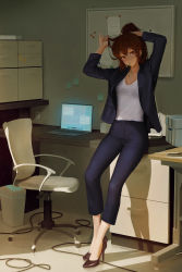 Rule 34 | 1girl, absurdres, adjusting hair, arms up, black footwear, black jacket, black pants, blush, breasts, brown eyes, brown hair, capri pants, chair, cleavage, collarbone, commentary, commission, computer, cool4noodle, full body, high heels, highres, indoors, jacket, laptop, leaning back, light, long hair, long sleeves, looking at viewer, mouth hold, office chair, office lady, open clothes, open jacket, original, pants, ponytail, ribbon, ribbon in mouth, shirt, shoes, smile, solo, swivel chair, white shirt