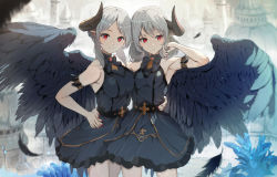 Rule 34 | 2girls, armlet, black wings, breasts, brooch, closed mouth, commentary request, cowboy shot, dress, feathered wings, feathers, grey hair, hand in own hair, hand on another&#039;s hip, hand on own hip, horns, jewelry, looking at viewer, medium breasts, medium hair, multiple girls, original, red eyes, short hair, single horn, single wing, sleeveless, sleeveless dress, small breasts, standing, wind, wings, yoshitake
