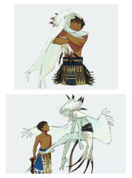 Rule 34 | 2boys, aqua skin, barefoot, before and after, black hair, blue eyes, brown hair, cane, carrying, carrying person, claws, closed eyes, closed mouth, colored tips, commentary request, creature, cropped legs, dark-skinned male, dark skin, feather hair, flying, full body, grey background, highres, holding, holding cane, long hair, looking at another, male focus, monster boy, multicolored eyes, multicolored hair, multiple boys, multiple views, open mouth, original, pelvic curtain, sabyap, short hair, standing, topless male, upper body, very short hair, white hair, wings, yellow eyes