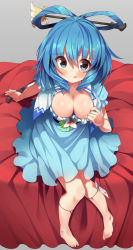 Rule 34 | 1girl, :p, areola slip, barefoot, bed, belt, blue dress, blue eyes, blue hair, blush, breasts, cleavage, dress, female focus, flower, hair ornament, hair rings, hair stick, heart, highres, kaku seiga, knife, large breasts, leg ribbon, licking lips, looking at viewer, matching hair/eyes, ribbon, sitting, smile, solo, spell card, suggestive fluid, supershiruco, tongue, tongue out, touhou, vest