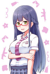 Rule 34 | 1girl, :d, alternate hair length, alternate hairstyle, bespectacled, blue hair, blue skirt, blush, breast hold, breast pocket, breasts, collared shirt, controller, cup, flower, game controller, glasses, goriate, gun, hand on own arm, highres, large breasts, long hair, looking away, looking down, mole, mole under eye, necktie, nijisanji, open mouth, pen, pink necktie, plaid, plaid skirt, pleated skirt, pocket, red-framed eyewear, semi-rimless eyewear, shirt, shirt tucked in, shizuka rin, short sleeves, sidelocks, skirt, smile, solo, straight hair, striped necktie, striped neckwear, under-rim eyewear, upper body, very long hair, virtual youtuber, weapon, white shirt, wing collar, yellow eyes
