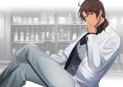 Rule 34 | 1boy, absurdres, belmond banderas, black shirt, bottle, brown eyes, brown hair, choco (chocovix112), collared shirt, crossed legs, cup, dress shirt, drinking glass, feet out of frame, formal, grey pants, grey vest, hair between eyes, hair over shoulder, highres, jacket, low ponytail, male focus, nijisanji, open clothes, open jacket, pants, parted bangs, ponytail, shirt, solo, suit, thick eyebrows, vest, virtual youtuber, white jacket