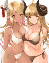 Rule 34 | 2girls, anila (granblue fantasy), bad id, bad pixiv id, bare arms, bare shoulders, bikini, black bikini, blonde hair, blunt bangs, blush, breast press, breasts, cameltoe, cleavage, closed mouth, collarbone, commentary request, covered erect nipples, cowboy shot, curled horns, dark-skinned female, dark skin, earrings, granblue fantasy, groin, highres, horn ornament, horn ribbon, horns, jewelry, koretsuki azuma, kumbhira (granblue fantasy), large breasts, long hair, looking at viewer, multicolored hair, multiple girls, navel, pink hair, pointy ears, ribbon, sanpaku, side-by-side, side-tie bikini bottom, sidelocks, simple background, smile, standing, stomach, swept bangs, swimsuit, symmetrical docking, tassel, thick eyebrows, thighs, two-tone hair, very long hair, wavy hair, white background, white bikini, yellow eyes