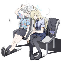 2girls :&gt; absurdres animal_ear_fluff animal_ears bench black_pantyhose black_shoes black_skirt black_socks blonde_hair blue_archive blue_eyes blue_necktie blue_shirt blue_skirt boots can canned_coffee coffee drink_can floral_print furrowed_brow grey_eyes grey_necktie hair_between_eyes hair_over_one_eye high_heel_boots high_heels highres ice ice_cube ice_pack jacket kanna_(blue_archive) konoka_(blue_archive) mask maton_3110 mouth_mask multiple_girls necktie open_mouth pantyhose pleated_skirt sharp_teeth shirt shoes skirt sneakers socks surgical_mask sweatdrop teeth unworn_jacket white_background white_hair