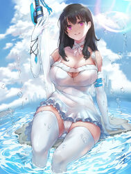 Rule 34 | 1girl, arm support, bare shoulders, black hair, blue sky, breasts, choker, cleavage, cloud, commentary request, dress, elbow gloves, gem, gloves, highres, holding, holding sword, holding weapon, large breasts, lens flare, long hair, looking at viewer, ocean, original, outdoors, panties, parted lips, purple eyes, sky, soaking feet, solo, sword, thighhighs, underwear, water drop, weapon, white choker, white dress, white panties, white thighhighs, wookyung