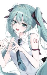 1girl 4-finger_heart_hands :d bare_arms collared_shirt commentary fang green_eyes green_hair green_nails green_necktie hair_between_eyes hatsune_miku heart heart_hands highres long_hair looking_at_viewer nail_polish nare_(17_junana) necktie number_tattoo open_mouth shirt shoulder_tattoo simple_background skin_fang sleeveless sleeveless_shirt smile solo tattoo twintails upper_body vocaloid white_background white_shirt