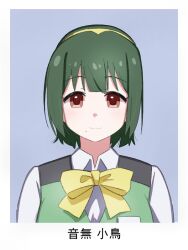 1girl border breasts brown_eyes character_name closed_mouth collar collared_shirt dot_nose eyelashes green_hair green_vest hairband id_photo idolmaster idolmaster_(classic) idolmaster_million_live! idolmaster_million_live!_theater_days light_blush light_smile long_sleeves looking_at_viewer medium_breasts medium_hair mole mole_under_mouth name_tag neck_ribbon ohgi910 otonashi_kotori outside_border portrait ribbon shirt sidelocks simple_background solo straight-on straight_hair upper_body vest white_border white_collar yellow_hairband yellow_ribbon