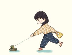 Rule 34 | 1girl, alternate costume, bag, black hair, braid, clothing request, commentary request, floral print, handbag, kantai collection, landing ship no. 101 (kancolle), long sleeves, military, military vehicle, motor vehicle, pants, pet walking, saiguchi otoufu, sandals, shirt, simple background, slippers, solo, tank, type 97 chi-ha, yellow background, yellow shirt, zouri