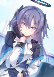 Rule 34 | 1girl, blouse, blue archive, blue necktie, blurry, blurry background, collared shirt, commentary request, cup, foreshortening, gloves, hair between eyes, hair ornament, halo, hand on own cheek, hand on own face, id card, inoue takuya (tactactak), jacket, jacket partially removed, multicolored clothes, multicolored jacket, necktie, pencil, purple eyes, purple hair, shirt, sitting, solo, two-tone jacket, white shirt, yuuka (blue archive)