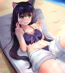 Rule 34 | 1girl, animal ear fluff, animal ears, bare arms, bare shoulders, beach, bikini, blush, breasts, brown hair, cat ears, cleavage, collarbone, commentary request, day, eyewear on head, fang, front-tie bikini top, front-tie top, green eyes, hair between eyes, hands up, highres, karyl (princess connect!), karyl (summer) (princess connect!), long hair, low twintails, lying, mctom, medium breasts, multicolored hair, navel, nervous smile, nose blush, on back, open clothes, open fly, open mouth, open shorts, outdoors, princess connect!, purple bikini, sand, short shorts, shorts, smile, solo, streaked hair, sunglasses, swimsuit, twintails, very long hair, white hair, white shorts