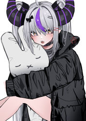 Rule 34 | 1girl, absurdres, black choker, black jacket, black shirt, bow, choker, from side, grey hair, hair behind ear, hair bow, highres, hololive, horns, jacket, kmgrru, la+ darknesss, miffy (character), multicolored hair, hugging object, open mouth, pointy ears, purple hair, shirt, sitting, sketch, sleeves past fingers, sleeves past wrists, solo, streaked hair, stuffed toy, unfinished, virtual youtuber, white background, yellow eyes
