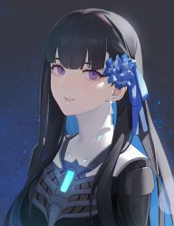 Rule 34 | 1girl, absurdres, black hair, blue hair, blue ribbon, colored inner hair, commentary, dress, drid, earrings, flower, hair flower, hair ornament, hair ribbon, highres, jewelry, lips, long hair, looking at viewer, multicolored hair, parted lips, punishing: gray raven, purple eyes, ribbon, selena (punishing: gray raven), solo, sparkle, star (symbol), starry background, turtleneck