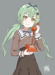 Rule 34 | 1girl, artist name, assault lily, black flower, blue ribbon, blunt bangs, brown jacket, brown skirt, buttons, closed mouth, collared shirt, corded phone, cowboy shot, cropped jacket, flower, green hair, grey background, hair flower, hair ornament, hair ribbon, hands up, high-waist skirt, highres, holding, holding phone, jacket, kairakuen umenoka, long hair, long sleeves, looking at viewer, low twintails, neck ribbon, phone, pleated skirt, ribbon, school uniform, shirt, simple background, skirt, smile, solo, standing, twintails, ueda imari, white shirt, yellow eyes, yellow flower