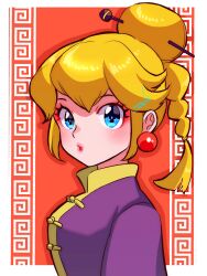 Rule 34 | 1girl, blonde hair, blue eyes, braid, braided ponytail, chinese clothes, earrings, hair ornament, hair stick, highres, jewelry, kung fu peach, looking at viewer, makeup, mario (series), nintendo, nonoworks, official alternate costume, official alternate hairstyle, princess peach, princess peach: showtime!, sign, solo, sphere earrings