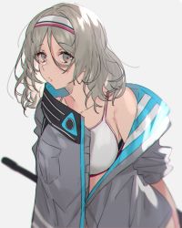 Rule 34 | 1girl, aogisa, bad id, bad twitter id, breasts, chromatic aberration, collarbone, commentary request, daewoo k3, girls&#039; frontline, grey eyes, grey hair, grey jacket, gun, headband, highres, holding, holding behind back, holding gun, holding weapon, jacket, k3 (girls&#039; frontline), large breasts, looking at viewer, medium hair, holding behind back, off shoulder, open clothes, open jacket, solo, sports bra, weapon