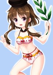 Rule 34 | 1girl, :d, bandeau, bare arms, bare shoulders, bikini, black headwear, blue background, blush, bow, brown hair, collarbone, commentary request, cowboy shot, detached collar, groin, hands up, highres, holding, looking at viewer, myouga (plant), navel, nishida satono, open mouth, outline, purple eyes, red bow, red ribbon, ribbon, ruu (tksymkw), short hair with long locks, sidelocks, simple background, smile, solo, stomach, swimsuit, thighs, touhou, white bikini, white outline
