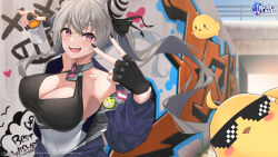 Rule 34 | 1girl, absurdres, anchor symbol, azur lane, black gloves, black nails, black ribbon, blue jacket, blush, bottle, breasts, cleavage, cleavage cutout, clothing cutout, cone hair bun, copyright name, covered navel, fang, fingerless gloves, gloves, graffiti, grey hair, hair bun, hair ribbon, highres, holding, holding bottle, jacket, kotori photobomb, large breasts, logo, long hair, long sleeves, looking at viewer, manjuu (azur lane), meme attire, mirea, official art, open clothes, open jacket, open mouth, partially unzipped, purple eyes, ribbon, san francisco (azur lane), second-party source, smile, solo, spray bottle, spray paint, sunglasses, teeth, twintails, upper body, upper teeth only, v, watermark