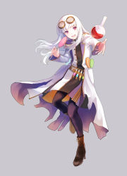 Rule 34 | 1girl, :d, alternate costume, black pantyhose, boots, brown footwear, candy, coat, commentary request, dress, fire emblem, fire emblem: three houses, flask, food, full body, goggles, goggles on head, grey background, high heel boots, high heels, highres, holding, holding food, lollipop, long hair, lysithea von ordelia, nintendo, open clothes, open coat, open mouth, pantyhose, pink eyes, round-bottom flask, silver hair, simple background, smile, solo, swirl lollipop, tarayuki, white coat