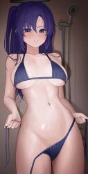 Rule 34 | 1girl, absurdres, bare shoulders, bikini, blue archive, blue eyes, blush, breasts, breasts apart, cowboy shot, groin, halo, highres, indoors, long hair, looking at viewer, medium breasts, navel, one side up, parted lips, purple hair, shower (place), shower head, solo, starblue, stomach, string bikini, swimsuit, untied bikini, v-shaped eyebrows, wet, wet hair, yuuka (blue archive)