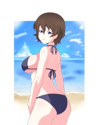 Rule 34 | 1girl, absurdres, akaboshi koume, ass, back, beach, bikini, black bikini, blue eyes, blue sky, blurry, blurry background, breasts, brown hair, cloud, cloudy sky, commentary, cowboy shot, day, from behind, girls und panzer, halterneck, highres, horizon, iteza (flapper girl 25), looking at viewer, looking back, medium breasts, ocean, outdoors, outside border, parted lips, short hair, sideboob, sky, smile, solo, standing, swimsuit, wavy hair