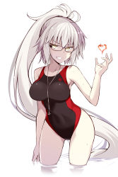 Rule 34 | 1girl, ahoge, armpits, black-framed eyewear, black one-piece swimsuit, breasts, collarbone, competition swimsuit, cowboy shot, fate/grand order, fate (series), glasses, grey hair, grin, hair between eyes, hand up, heart, highres, hip focus, jeanne d&#039;arc alter (swimsuit berserker) (fate), jeanne d&#039;arc (fate), jeanne d&#039;arc (swimsuit archer) (fate), jeanne d&#039;arc (swimsuit archer) (second ascension) (fate), jeanne d&#039;arc alter (fate), jeanne d&#039;arc alter (swimsuit berserker) (fate), jewelry, long hair, looking at viewer, medium breasts, necklace, ohta yuichi, one-piece swimsuit, ponytail, red one-piece swimsuit, sidelocks, simple background, smile, solo, standing, swimsuit, teeth, thighs, tsurime, very long hair, wading, whistle, white background, yellow eyes