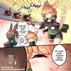 Rule 34 | 2girls, ^ ^, amiya (arknights), animal ears, arknights, blonde hair, blue eyes, bow (weapon), brown hair, rabbit ears, closed eyes, comic, commentary, crossbow, english text, closed eyes, gloves, hm (hmongt), kroos (arknights), multiple girls, slug, smile, speech bubble, squinting, watermark, weapon, web address