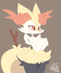 Rule 34 | animal ear fluff, animal ears, blush, braixen, brown background, closed mouth, cowboy shot, creatures (company), dated, fox ears, fox tail, furry, game freak, gen 6 pokemon, highres, light smile, looking to the side, navel, nintendo, nyaswitchnya, own hands together, pokemon, pokemon (creature), red eyes, red nose, signature, simple background, solo, standing, stick, tail, thick thighs, thighs, tsurime, wide hips