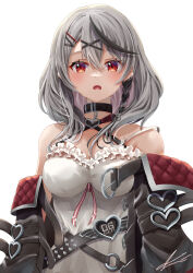 Rule 34 | 1girl, absurdres, arms at sides, bare shoulders, blush, breasts, camisole, choker, coat, frills, grey hair, hair between eyes, hair ornament, hairclip, heart, highres, hololive, large breasts, looking at viewer, multicolored hair, open clothes, open coat, open mouth, red eyes, sakamata chloe, shirt, simple background, solo, strap slip, streaked hair, upper body, virtual youtuber, white background, white shirt, yam (yam6056)