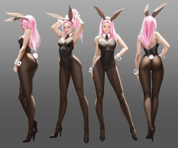 Rule 34 | 4girls, adjusting hair, animal ears, armpits, arms up, ass, black legwear, black neckwear, breasts, contrapposto, detached collar, fake animal ears, full body, gradient background, hair tie, hair tie in mouth, hand on own hip, high heels, highres, leotard, long hair, medium breasts, mouth hold, multiple girls, multiple views, necktie, orange eyes, original, pantyhose, pink hair, playboy bunny, rabbit ears, rabbit tail, short necktie, smile, taekwon kim, tail, tight clothes, wrist cuffs