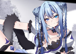Rule 34 | 1girl, blue eyes, blue hair, braid, breasts, cleavage cutout, clothing cutout, collarbone, commission, cone hair bun, detached sleeves, double bun, dress, feather boa, frilled sleeves, frills, grey sky, hair bun, heterochromia, indie virtual youtuber, medium breasts, multicolored clothes, multicolored dress, multicolored hair, purple eyes, shiny rainz (vtuber), sidelocks, sky, solo, streaked hair, two-tone hair, valefal coneri, vgen commission, virtual youtuber, white dress, white sleeves
