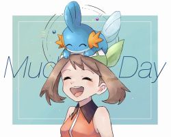 Rule 34 | 1girl, :d, ^ ^, bad id, bad twitter id, bandana, bare arms, blush, breasts, brown hair, character name, closed eyes, commentary request, creatures (company), etsuko pkmn, eyelashes, game freak, gen 3 pokemon, green bandana, highres, may (pokemon), medium hair, mudkip, nintendo, on head, open mouth, pokemon, pokemon (creature), pokemon emerald, pokemon on head, pokemon rse, sleeveless, smile, teeth, tongue, upper body, upper teeth only, |d