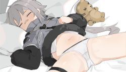 Rule 34 | 1girl, bandaid, bandaid on face, bandaid on nose, bed sheet, closed eyes, clothes lift, commission, fur-trimmed jacket, fur trim, girls&#039; frontline, grey hair, highres, hs2000 (girls&#039; frontline), id card, jacket, jacket lift, long hair, long sleeves, lying, navel, on back, panties, pillow, skeb commission, sleeping, solo, spread legs, stuffed animal, stuffed toy, thigh strap, underwear, white panties, yuki hotaru