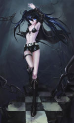 Rule 34 | 10s, 1girl, bikini, bikini top only, black hair, black rock shooter, black rock shooter (character), blue eyes, boots, chain, coat, female focus, full body, glowing, glowing eyes, highres, long hair, navel, pale skin, scar, shorts, solo, swimsuit, sword, twintails, uneven twintails, ushas, weapon