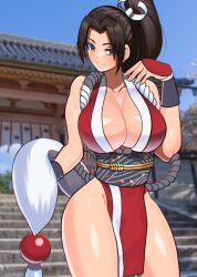 Rule 34 | 1girl, akisu k, arm guards, bare shoulders, breasts, brown eyes, brown hair, cleavage, commentary request, fatal fury, high ponytail, japanese clothes, large breasts, long hair, looking at viewer, ninja, outdoors, pelvic curtain, ponytail, revealing clothes, rope, shiranui mai, sideboob, smile, snk, solo, the king of fighters, thighs