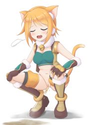 Rule 34 | 1girl, animal ears, bell, blonde hair, blush, boots, bottomless, breasts, breath, cat ears, cat girl, cat tail, claws, cleft of venus, closed eyes, collar, female focus, gloves, highres, hiyori (princess connect!), medium breasts, navel, no panties, open mouth, peeing, princess connect!, pussy, solo, spread legs, squatting, strapless, tail, tube top, udonko (tinanago7715), uncensored