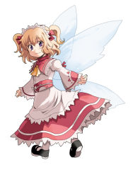 Rule 34 | 1girl, blonde hair, dress, fairy, fairy wings, frilled dress, frilled sleeves, frills, mary janes, purple eyes, shoes, short hair, short twintails, smile, sunny milk, tako (plastic protein), touhou, twintails, wings