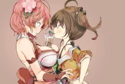 Rule 34 | 2girls, ahoge, asymmetrical docking, bare shoulders, breast press, breasts, brown background, brown hair, bubble tea, bubble tea challenge, drinking, drinking straw, eye contact, flat chest, flower, green eyes, hair flower, hair ornament, hair ribbon, hands on own hips, hololive, large breasts, looking at another, multiple girls, natsuiro matsuri, natsuiro matsuri (1st costume), one side up, pink hair, ribbon, sakura miko, sakura miko (old design), short hair, short sleeves, side ponytail, simple background, sleeveless, smirk, twintails, upper body, virtual youtuber, yohane, yuri