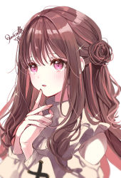 Rule 34 | 1girl, blush, brown hair, dress, hair ornament, highres, long hair, open mouth, original, pink eyes, puracotte, signature, solo, upper body, white background
